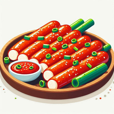 Illustration of Sausages with Spicy Sauce on a Plateのイラスト素材