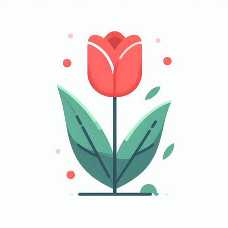 Red tulip with green leaves. Vector illustration in flat style.のイラスト素材