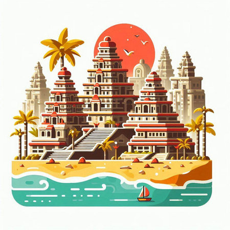 Hindu temple on the beach. Vector illustration in flat style.のイラスト素材