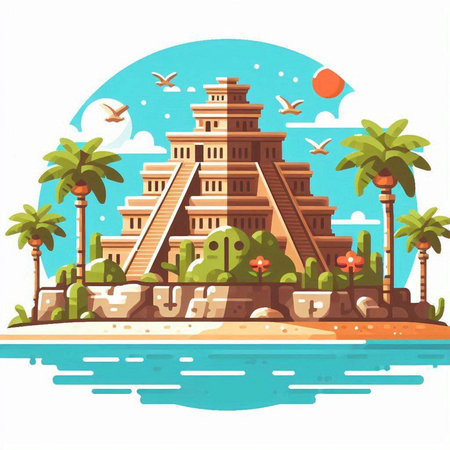 Mayan temple on the seashore. Vector illustration in flat styleのイラスト素材