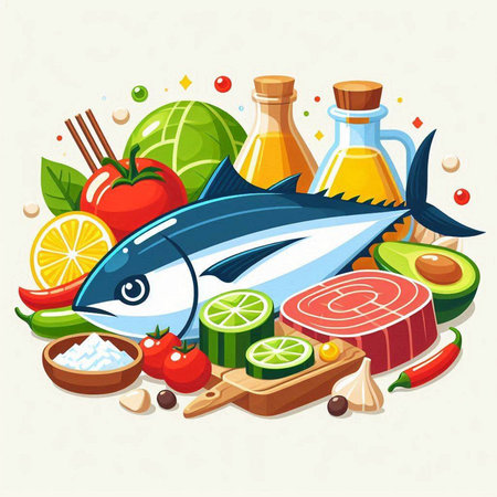 Fish, vegetables, oil and spices. Vector illustration in cartoon style.のイラスト素材