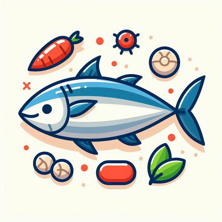 Tuna fish flat color vector icon. Seafood, seafood, sea food, healthy eating, dieting, healthy lifestyle.のイラスト素材
