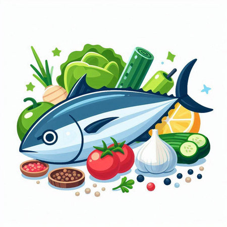 Vector illustration of fresh fish with vegetables and spices. Healthy food.のイラスト素材