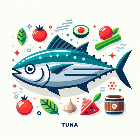 Tuna flat vector illustration. Seafood, fish, vegetables and fruits.のイラスト素材