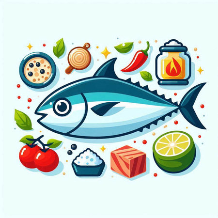 Tuna fish and ingredients. Vector illustration in flat cartoon style.のイラスト素材