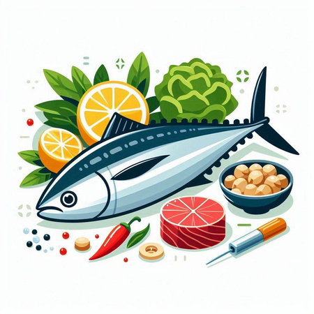 Tuna fish with vegetables, herbs and spices. Vector illustration.のイラスト素材