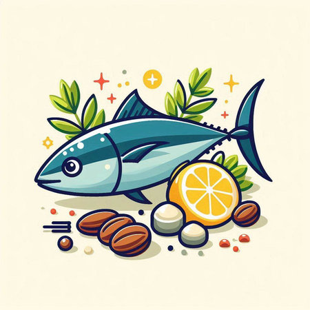 Tuna fish with lemon and nuts. Vector illustration of fresh fish.のイラスト素材