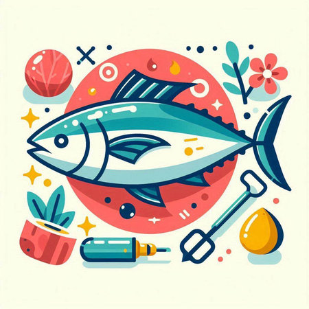Vector illustration with fish and kitchen utensils. Seafood.のイラスト素材
