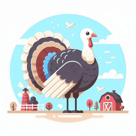 Vector illustration of a turkey in the farm. Cute flat style.のイラスト素材