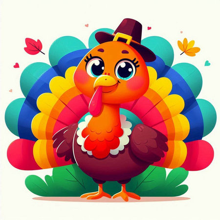 Happy Thanksgiving Day. Cute cartoon turkey with hat and scarf. Vector illustration.のイラスト素材