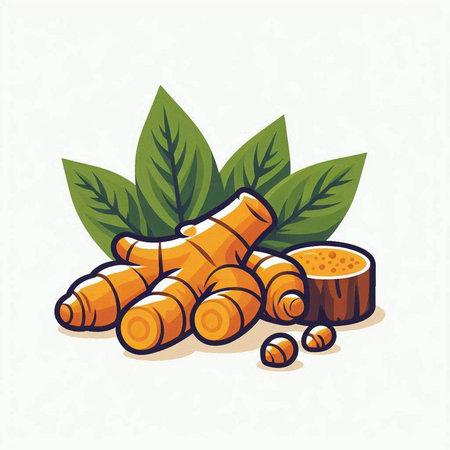 Turmeric root and leaves on a white background. Vector illustration.のイラスト素材