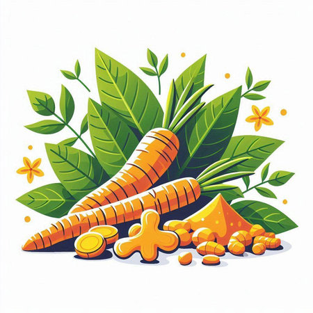 Vector illustration of fresh carrots with leaves and seeds, isolated on white background.のイラスト素材