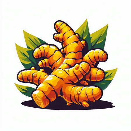 Ginger and leaves isolated on white background. Vector illustration. Eps 10.のイラスト素材