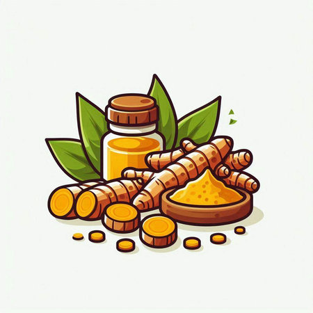 Turmeric root and turmeric powder vector illustration. Detailed vector illustration.のイラスト素材