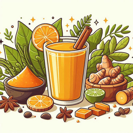 Vector illustration of a glass of turmeric latte with ingredients.のイラスト素材