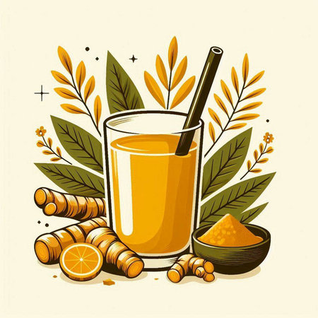 Turmeric juice in glass with ingredients and leaves. Vector illustration.のイラスト素材