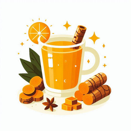 Mulled tea with cinnamon, star anise and ginger. Vector illustrationのイラスト素材