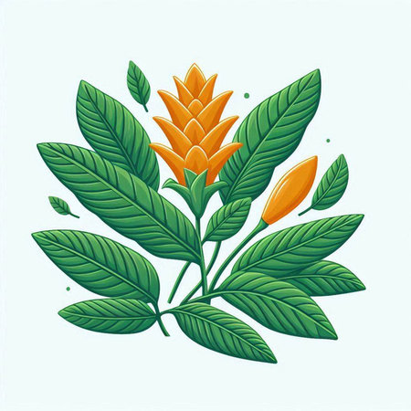 Bouquet of tropical flowers with green leaves. Vector illustration.のイラスト素材