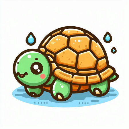 Cute cartoon turtle with water drop. Vector illustration isolated on white background.のイラスト素材