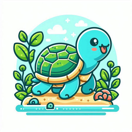 Cute cartoon turtle on the beach. Vector illustration in a flat style.のイラスト素材