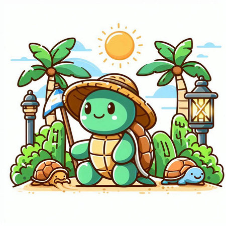 Turtle on the beach with palm trees and lantern. Vector illustration.のイラスト素材