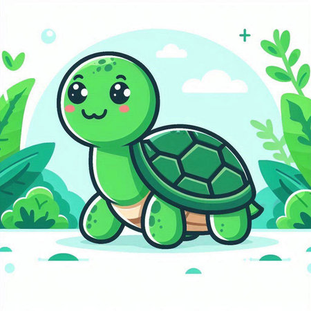 Cute cartoon turtle on the background of the garden. Vector illustrationのイラスト素材