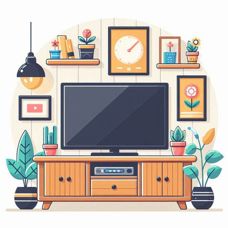 TV on the cabinet in the living room. Flat vector illustration.のイラスト素材
