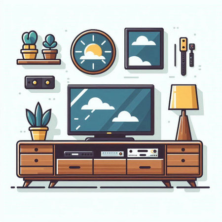 Vector illustration of modern flat design interior living room with furniture and TV.のイラスト素材