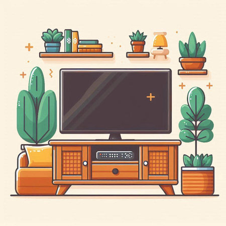 Living room interior with TV, sofa and plants. Vector illustration.のイラスト素材