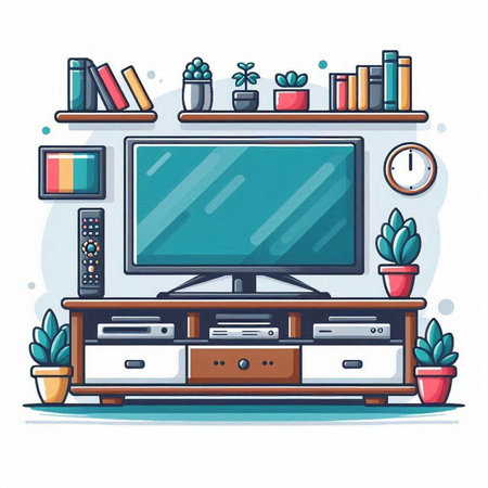 TV on the wall in living room. Flat style vector illustration.のイラスト素材
