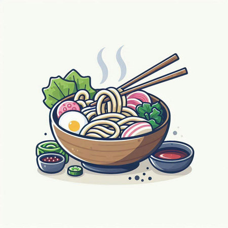 Japanese ramen noodle in bowl with chopsticks. Vector illustration.のイラスト素材