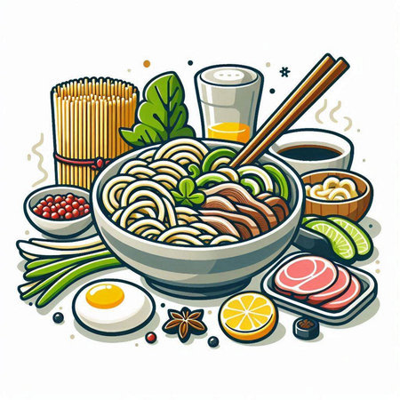 Noodles bowl with chopsticks and ingredients. Vector illustration.のイラスト素材