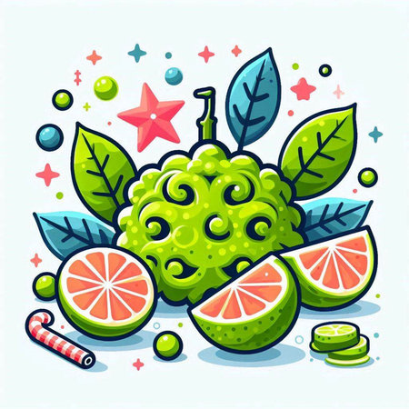 Citrus fruit vector illustration. Cute cartoon kaffir lime with leaves and stars.のイラスト素材