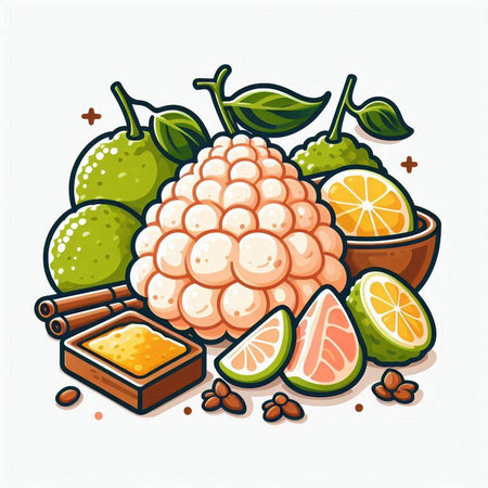 Vector illustration of litchi, litchi, lime, sugar and cinnamon.のイラスト素材