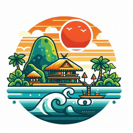 Tropical island on the sea. Vector illustration in flat styleのイラスト素材