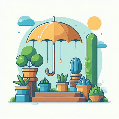 Umbrella and plants in pots. Flat style vector illustration.のイラスト素材