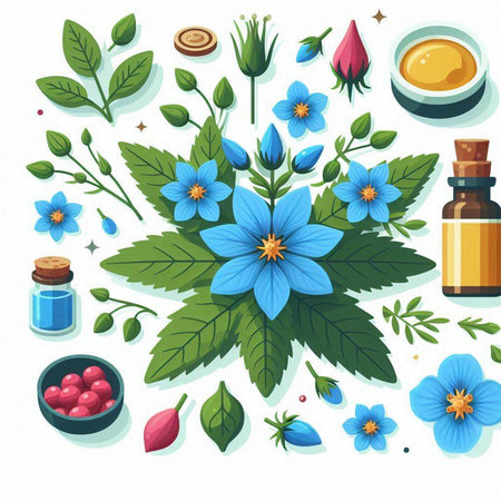 Flower composition with blue flowers and aromatherapy essential oil. Vector illustrationのイラスト素材