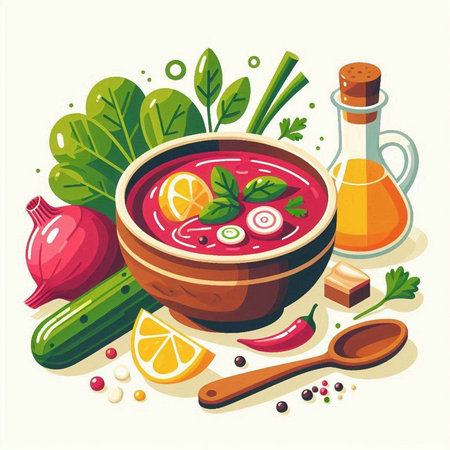 Vegetable soup in a bowl with ingredients for cooking. Vector illustration.のイラスト素材