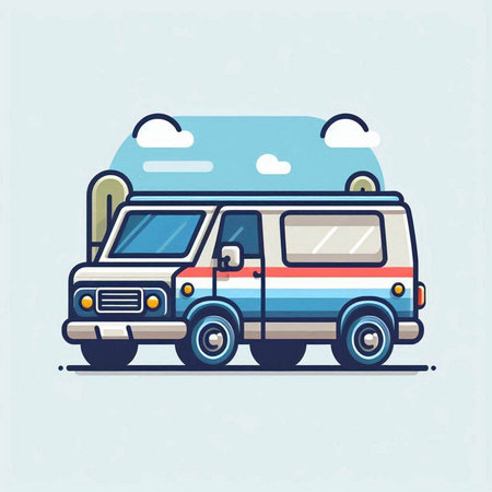 Camping van on the road. Vector illustration in flat style.のイラスト素材