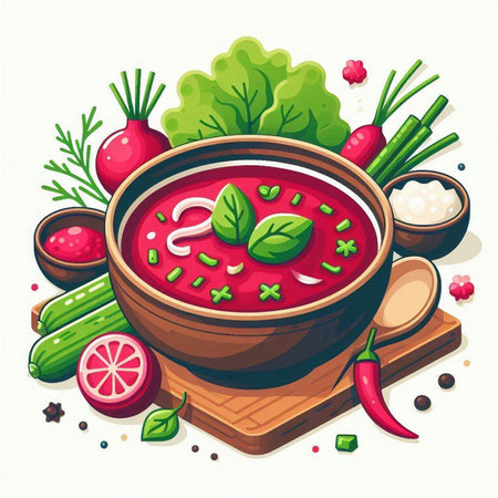 Vector illustration of a bowl of tomato soup with vegetables and spices.のイラスト素材