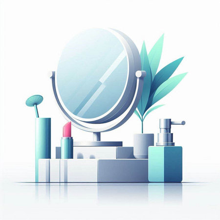 Cosmetic background with mirror, cosmetics and plant. Vector illustration.のイラスト素材