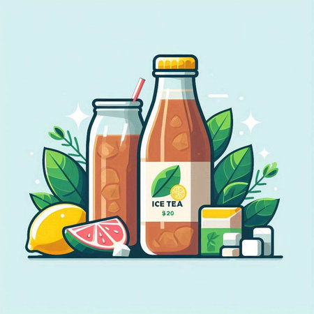 Lemonade, smoothie or juice in a glass bottle and ingredients. Vector illustration.のイラスト素材