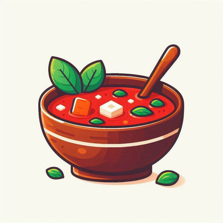 Tomato soup in a bowl. Vector illustration in cartoon style.のイラスト素材