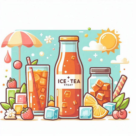 Bottle of ice tea with fruits and berries. Vector illustration.のイラスト素材