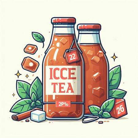 Vector illustration of a bottle of tea with ice cubes and mint leaves.のイラスト素材