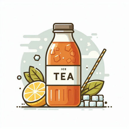 Bottle of tea with ice cubes and mint leaves. Vector illustration.のイラスト素材