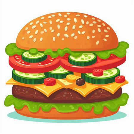 Hamburger with cheese, tomato and cucumber. Vector illustration.のイラスト素材