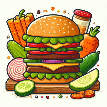 Cartoon hamburger with vegetables. Vector illustration of fast food.のイラスト素材