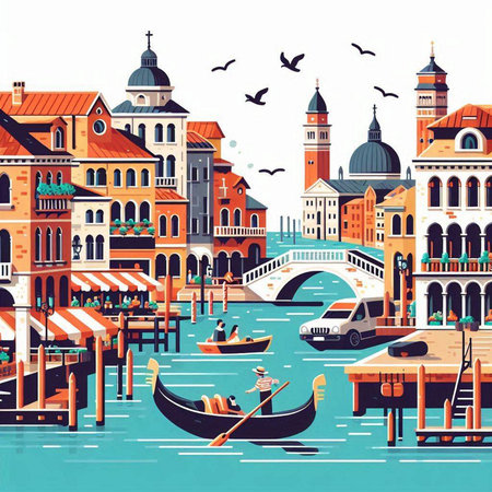 Venice, Italy. Grand canal with gondolas. Vector illustrationのイラスト素材