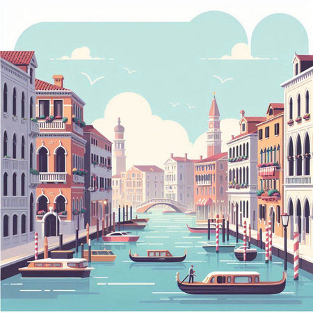 Venice, Italy. Grand canal and gondolas. Vector illustrationのイラスト素材